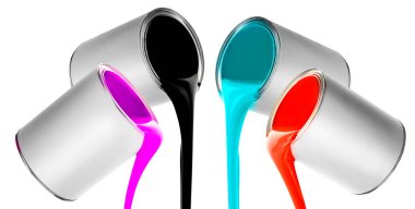 Beyaz arkaplandaki kutulardan farklı renkte boyalar, kolaj