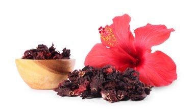 Kırmızı amber çiçeği ve beyaz arkaplanda kurumuş kalibreler