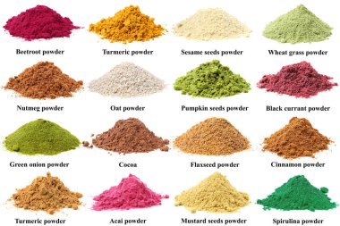 Farklı süper yiyecek tozları ve beyaz arka planda isimler, kolaj