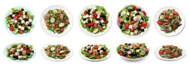 Beyaz arka planda lezzetli taze salatalar, kolaj. Üst ve yan görünüm