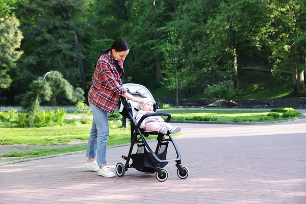 Anne bebeğiyle parkta bebek arabasında yürüyor. Metin için boşluk