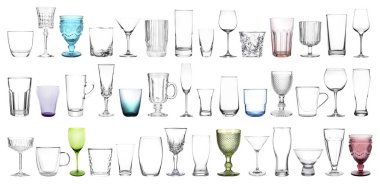 Beyaz arkaplanda farklı boş cam eşyalar, kolaj