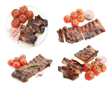 Beyaz arka planda nefis ızgara kaburgalar, kolaj.