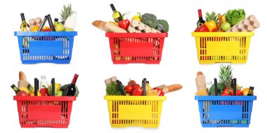 Beyaz arka planda farklı ürünler içeren alışveriş sepetleri, kolaj