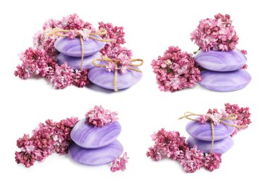 Sabun çubukları ve beyaza izole edilmiş aromatik leylak çiçekleri, kolaj