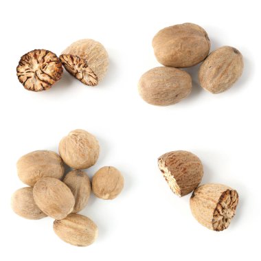 Nutmeg tohumları beyaz arkaplanda, hazır. Üst görünüm