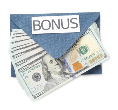 Zarfın içinde Bonus ve dolar banknotları beyaz, üst görünümde izole