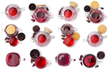 Hibiscus çayı ve kurutulmuş calyces beyaz, set, üst manzara izole