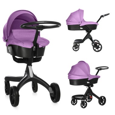 Bebek arabası. Beyaz renkli, farklı kenarlı, menekşe renkli bebek arabası.