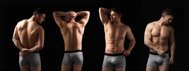 Siyah arka planda şık gri iç çamaşırlı sportif bir adam. Fotoğraf Kolajı