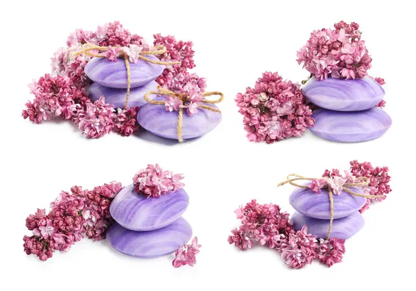 Sabun çubukları ve beyaza izole edilmiş aromatik leylak çiçekleri, kolaj
