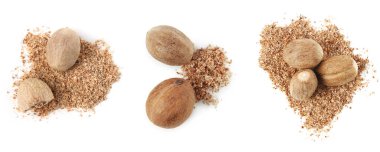 Nutmeg tohumları beyaz arkaplanda, hazır. Üst görünüm