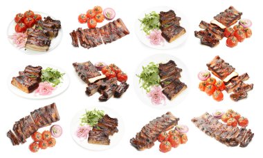 Beyaz arka planda nefis ızgara kaburgalar, kolaj.