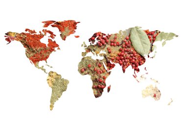 Beyaz arkaplandaki farklı aromatik baharatlardan oluşan dünya haritası