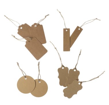 Beyaz arka planda bir sürü boş etiket, kolaj. Tasarım için model