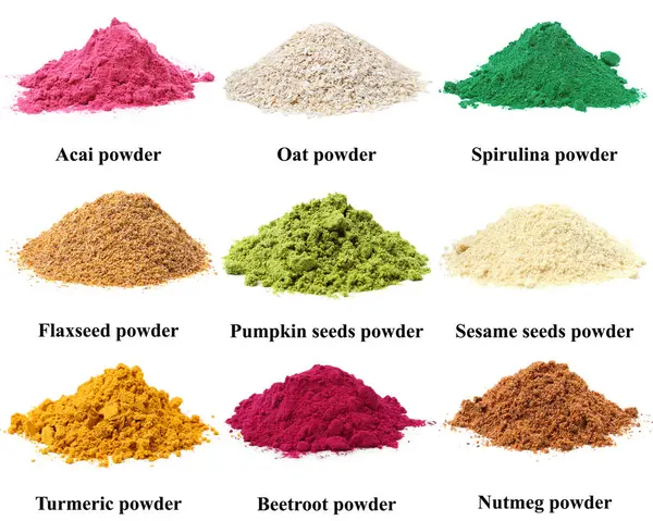 Farklı süper yiyecek tozları ve beyaz arka planda isimler, kolaj