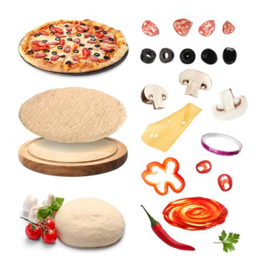 Lezzetli pizza ve beyaza izole edilmiş ham malzemeler, kolaj.
