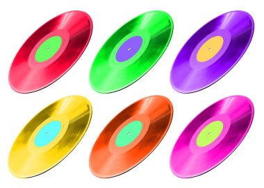 Beyaz arkaplan, kolaj üzerinde birçok renk vinil kayıtları