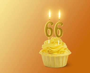 Turuncu arkaplanda yanan mumlar, yazı için yer olan enfes bir kek. 66. yaş günü veya diğer özel günler