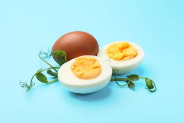 Açık mavi arkaplanda haşlanmış yumurta ve mikroyeşiller, yakın plan.