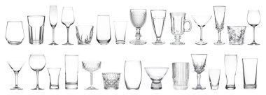 Beyaz arkaplanda farklı boş cam eşyalar, kolaj