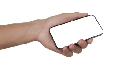 Beyaz arka planda modern akıllı telefonu olan adam, yakın plan. Tasarım için model