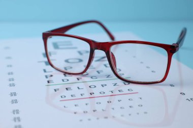 Açık mavi arkaplanda gözlük ve görüş testi grafiği, yakın plan