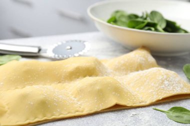 Pişmemiş ravioli ve ıspanak ışık masasında, yakın plan.