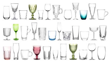 Beyaz arkaplanda farklı boş cam eşyalar, kolaj