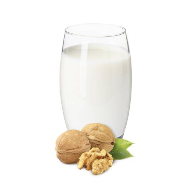Bardakta fındık sütü ve beyazda ceviz.