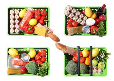 Beyaz arka planda farklı ürünlerin olduğu sepetler, kolaj. Üst görünüm