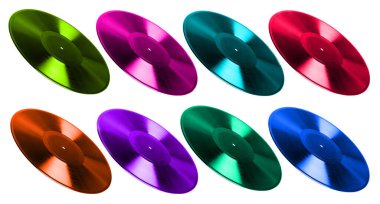 Beyaz arkaplan, kolaj üzerinde birçok renk vinil kayıtları