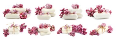Sabun çubukları ve beyaza izole edilmiş aromatik leylak çiçekleri, kolaj