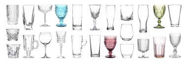 Beyaz arkaplanda farklı boş cam eşyalar, kolaj