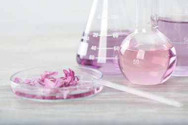 Lüks parfüm yapıyorum. Temel yağlar cam süslemede ve çiçekler beyaz ahşap masada, yakın plan.