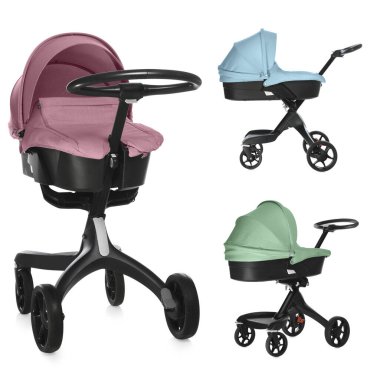 Bebek arabası. Farklı renklerde modern bebek arabaları beyaz, farklı taraflarda izole edilmiş.