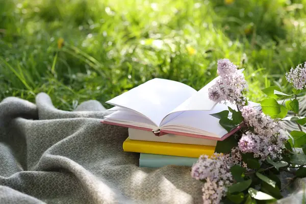 Yığınla kitap, leylak çiçekleri ve yeşil çimlerin üzerinde battaniye.