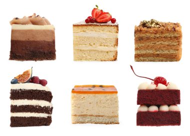 Farklı lezzetli pastalar. Beyazlar üzerinde izole edilmiş.