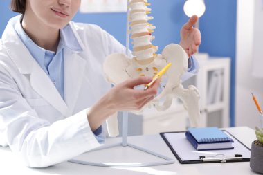 Doktor, klinikteki masadaki insan omurga modeline işaret ediyor.