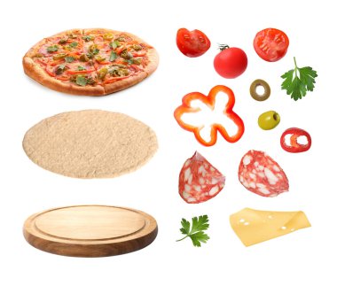 Lezzetli sıcak pizza Diablo ve çiğ malzemeler ve beyaz kolaj üzerine izole edilmiş yemek.