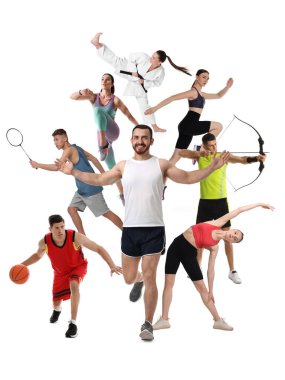 Beyaz arka planda, kolajda farklı spor aktivitelerine katılan insanlar