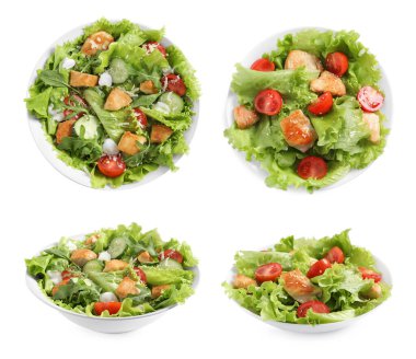 Beyaz arka planda eti olan lezzetli taze salatalar, kolaj. Üst ve yan görünüm