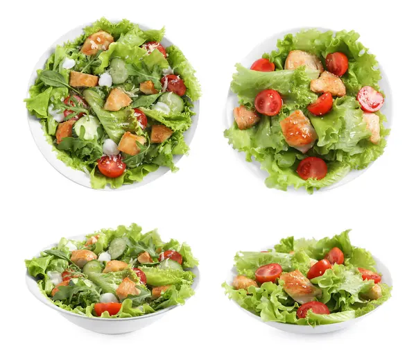 Beyaz arka planda eti olan lezzetli taze salatalar, kolaj. Üst ve yan görünüm