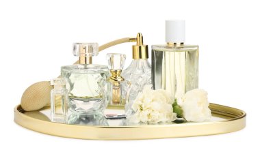 Birçok farklı parfüm şişeleri ve çiçekler beyaz üzerine izole edilmiş.