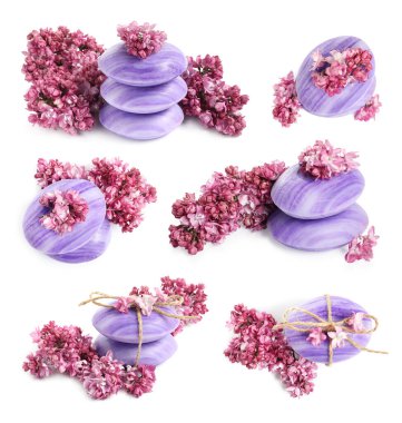 Sabun çubukları ve beyaza izole edilmiş aromatik leylak çiçekleri, kolaj