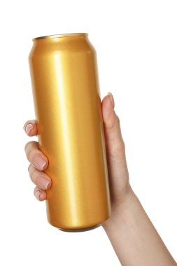 Beyaz arka planda teneke kutusu olan kadın, yakın plan.