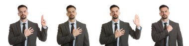 Beyaz arka planda farklı yeminli jestler gösteren adam, fotoğraf koleksiyonu