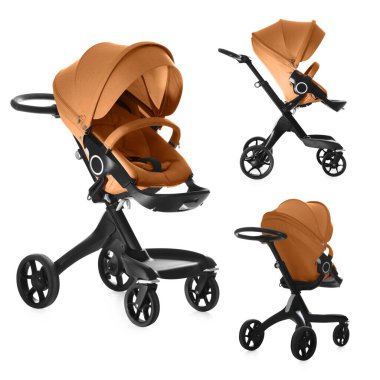 Bebek arabası. Turuncu tenteli modern bebek arabası beyaz, farklı taraflarda izole edilmiş.