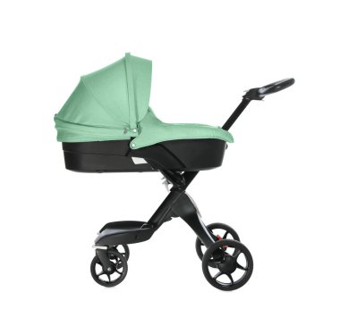 Bebek arabası. Aquamarine renk tepe örtüsü beyaz üzerinde izole edilmiş modern bebek arabası