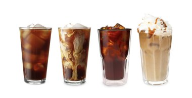 Farklı bardaklarda buzlu kahve içecekler, beyaz, set.